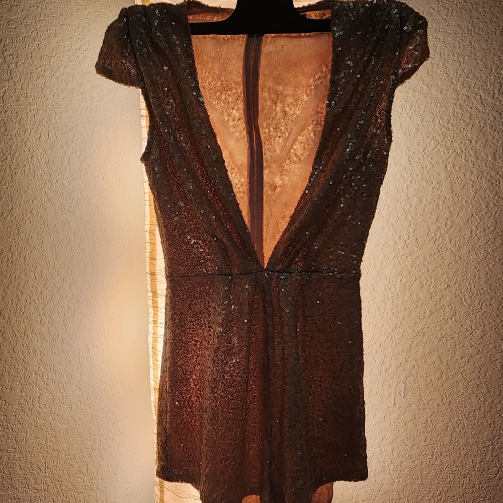 Golden, Tobi XS sequin plunge neckline party shorts jumpsuit.